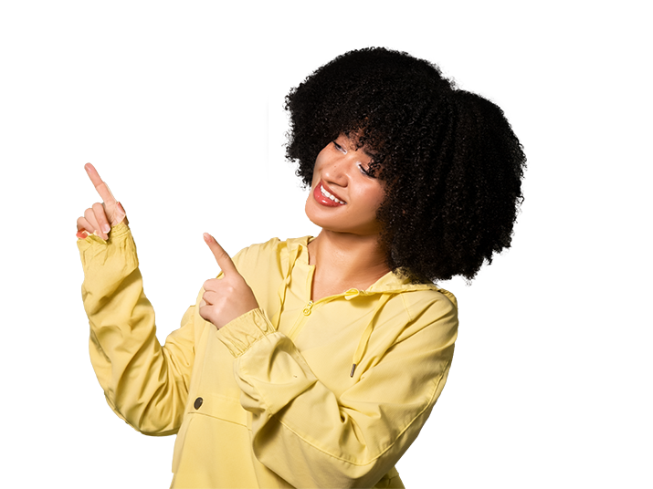 Woman smiling and pointing to the left
